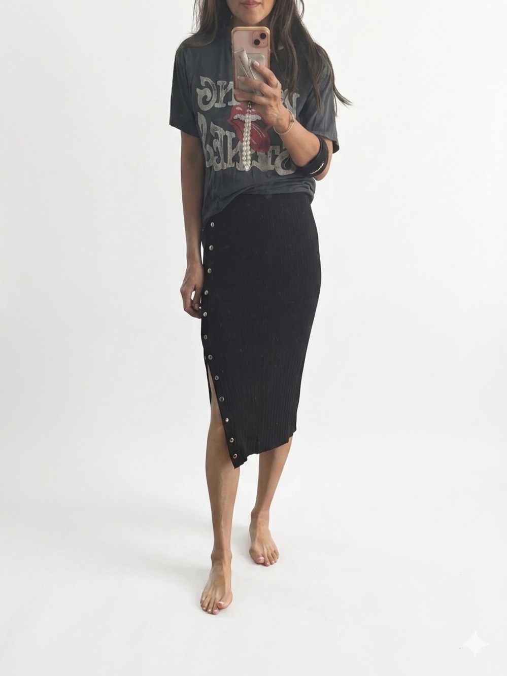 superdown Black Ribbed Side-Snap Midi Pencil Skirt